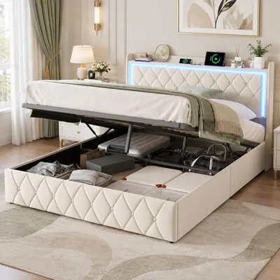 Produktbild von INONEFT Polsterbett 140 x 190 cm mit Kopfteil, hydraulisches Doppelbett mit Stauraum, Jugendbettgestell für Erwachsene und Jugendliche, Samt, Beige