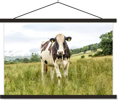 Produktbild von MuchoWow® Textilposter Kuh - Gras - Landschaft 90x60 cm mit schwarzem Rahmen - Aufhängungssatz