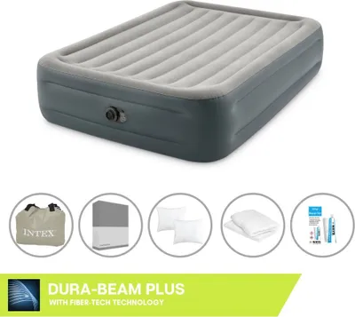Produktbild von Intex Luftbett - 2 Personen - 152 x 203 x 46 cm - Grau - Mit eingebauter Pumpe, Spannbettlaken Anthrazit, Kopfkissen, Molton 2 in 1 Kissenbezüge en Reperaturset