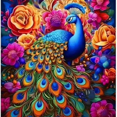 Zdjęcie produktu dla Obraz do samodzielnego malowania, paw w kwiatach, kolorowy, 40x50 cm, na ramie, kreatywny