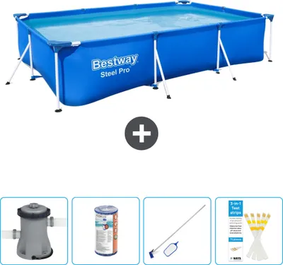 Produktbild von Bestway Rectangular Steel Pro Swimmingpool – 300 x 201 x 66 cm – Blau – inklusive Pumpe Filter - Reinigungskit - Teststreifen