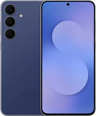 A blue Samsung smartphone is shown from the back and front.