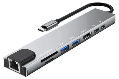 Obrázek produktu pro USB-C rozbočovač 8 v 1, dokovací stanice typu C s více porty, adaptér s 4K HD, RJ45 (Ethernet), USB 3.0, portem pro nabíjení PD, čtečkou SD a TF karet. Kompatibilní s MacBook, Chromebook, Matebook