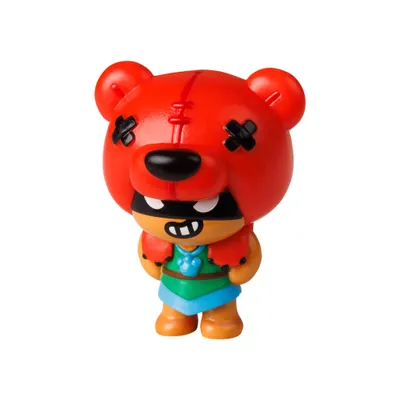 A small toy figurine of a bear character with a red hood and green clothing.