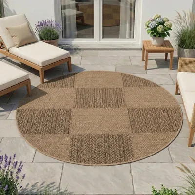 Image de Homebyhome Tapis Intérieur Extérieur Imperméable Aspect Naturel Jute Idéal pour Salon Cuisine Terrasse et Balcon, Taille: 120 cm Rond