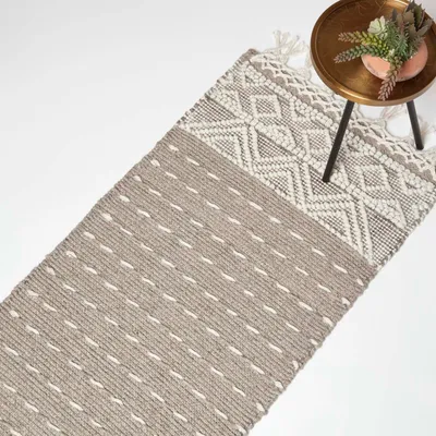 Zdjęcie produktu dla HOMESCAPES Ręcznie tkany kilim Patna - 66 x 200 cm, szaro-biały wzór