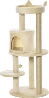Produktbild von PawHut 104 cm Katzenkratzbaum, Katzenkratzbaum mit Schutzplattformen, Sisalstämmen und hängendem Ball, 48 x 48 x 104 cm, Creme