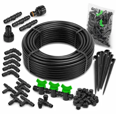 Productafbeelding van Druppelirrigatieslang, 100 meter, 16 mm, set van 185 stuks, voor tuinirrigatie, slang/buis, AI-gegenereerde afbeelding
