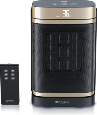 A black and gold Brandson heater with a remote control.