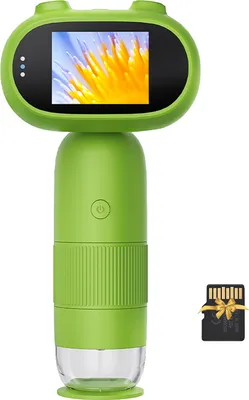 A green digital microscope with a screen displaying a magnified image, shown on a white background. A small black SD card with a gold ribbon is placed to the right of the microscope.