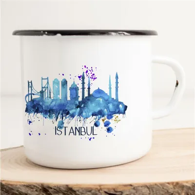 Produktbild von Huuraa Emaille Tasse Istanbul Geschenk Kaffeebecher Vintage 300ml Istanbul Präsent