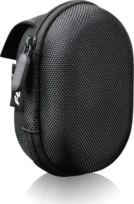 A black, oval-shaped carrying case for a headlamp, shown from a side-front angle against a white background.