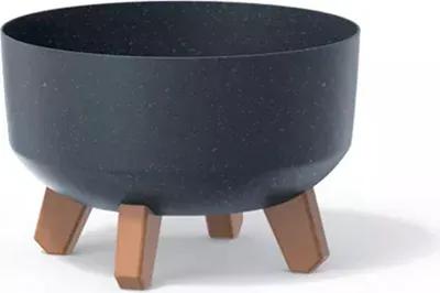 A dark gray planter with speckled texture and three brown legs, set against a white background.
