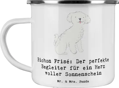 Produktbild von Mr. & Mrs. Panda Teetasse Bichon Frisé Freude - Weiß - Geschenk, Verbundenheit, weiße Hunde, Emaille Becher, Teebecher, Hunderasse, Hund, Kaffeepott, Haferl, Tasse