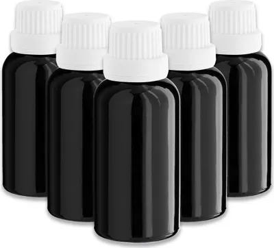 Produktbild von 5x Schwarze Glasflasche 30 ml mit weißem Tropfer leere Tropfflasche