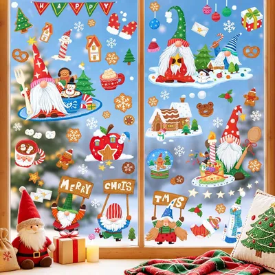Immagine prodotto di Adesivi decorativi natalizi, set da 9 pezzi, dimensioni 20 x 29 cm, con gnomi e fiocchi di neve, ideali per decorare le finestre
