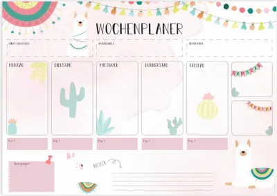Produktbild von Friendly Fox Wochenplaner A4, kleine Schreibtischunterlage als Kalender ohne festes Datum, Weekly Planer, Schreibblock Organisation "Lama"