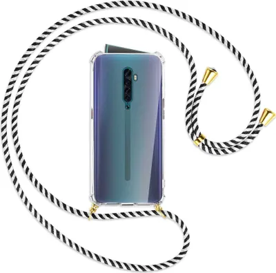 Produktbild von Handykette Backcover-Schutzhülle mit Band (Metall goldfarben) für Oppo Reno2 - schwarz/weiß gestreift