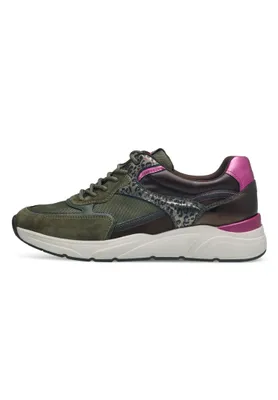 A side view of a single women's sneaker on a white background.