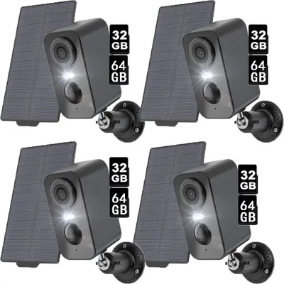 Image de 4X Caméra de Surveillance Extérieure Batterie Solaire, Caméra de Surveillance Extérieure avec Vision Nocturne Couleur, Détection de Personne PIR, Audio 2 Voies, Carte Mémoire 32&64