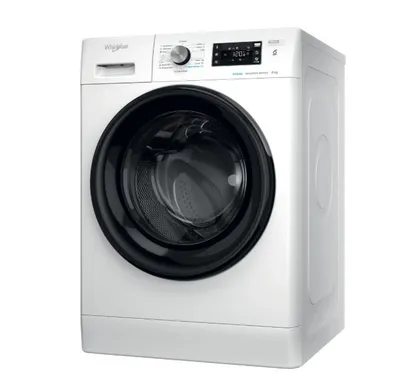 A white front-loading washing machine with a black door and control panel, shown from a three-quarter angle against a white background.