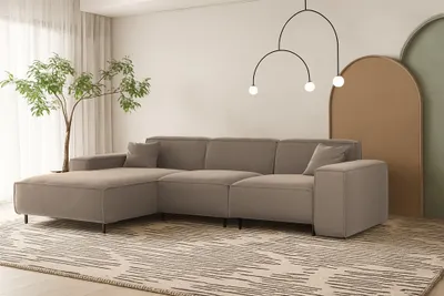 Produktbild von Ecksofa Designersofa GLORIA in Stoff Tiffani Taupe Ottomane Links