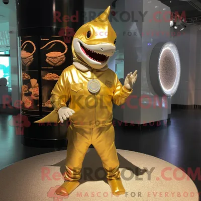 Produktbild von Maskottchen REDBROKOLY eines Goldhais mit T-Shirt und Geldbörse