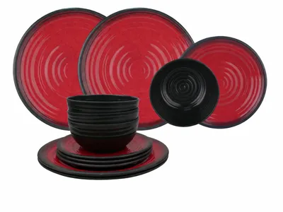 Produktbild von Melamin Campinggeschirr Set [Granit Ruby] für 4 Personen – 12-teilig – bruchsicher, BPA-frei – ideal für Camping, Outdoor & Wohnmobil