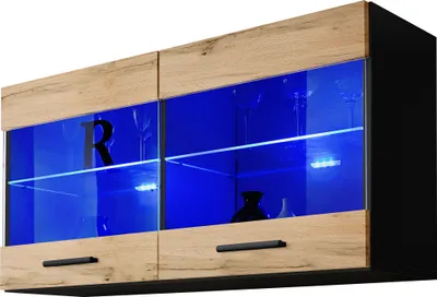 Produktbild von Komodee | Vitrine Schrank mit 2 Türen Savona, Korpus Schwarz Matt Frontfarbe Wotan Matt