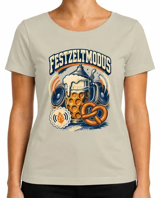 Productafbeelding van Feesttentmodus, , Wiesn, bierkan, traditionele kleding, lederhosen, dames T-shirt, naturel, maat M