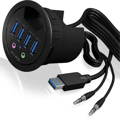 Produktbild von RaidSonic ICY BOX Tisch-Hub, 4x USB-A 3.0, Audio, Einbau 60mm, schwarz, 1 Stk.