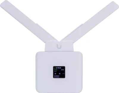 A white Ubiquiti UMR Router for mobile network, with its antennas extended, displayed against a white background.
