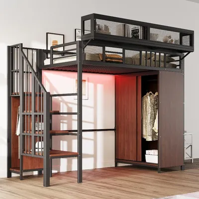 Zdjęcie produktu dla Łóżko piętrowe o wymiarach 90x200 cm, wykonane z metalu, z szafą, drabiną zabezpieczającą, oświetleniem LED i barierkami ochronnymi z siatki, kolor czarny