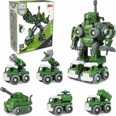 Obrázok produktu pre Robot transformátor v 5 vojenských vozidlách, Linomag®, delostrelecké vozidlo, vodné delo, raketomet, radarový systém, tank, skrutkovač v balení, + 3 roky, zelený, 31,5 x 15,7 x 21,6 cm
