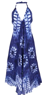 Produktbild von Boho Sommerkleid, Maxikleid mit Batik-Druck, Neckholder Strandkleid - Blau, Damen, Viskose, Kleider