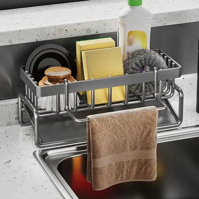 Imagen del producto de Organizador para fregadero Ibenzoa® de acero al carbono, 23x10x9 cm – estante multifuncional para la cocina y el baño, ideal para esponjas, cepillos, jabón, e incluye un soporte para esponjas y un estante para paños desmontable