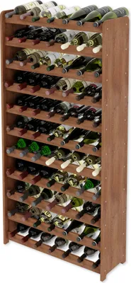 A wooden wine rack filled with wine bottles.