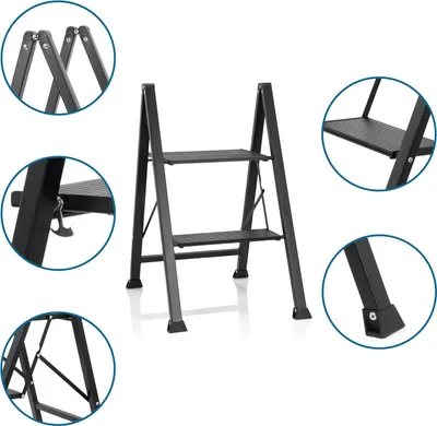 Obrázek produktu pro Skládací schůdky 2 stupně Ocelový žebřík SOLID W5, nosnost do 150 kg, skládací, černý