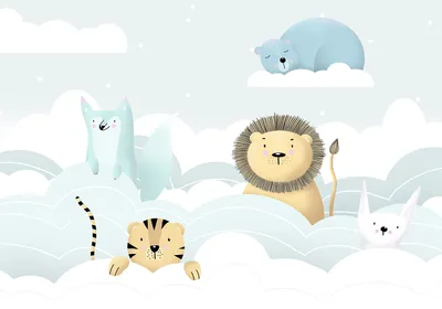 Produktbild von Vlies Fototapete Tiere in Wolken 400x280 cmTapeten Wandtapete XXL für Kinder Löwe Tiger Bär Fuchs e-A-10006-a-a