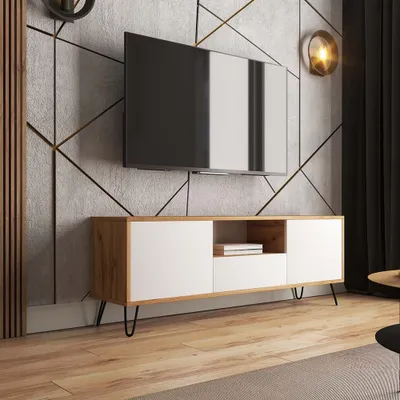 Produktbild von Selsey TV-Lowboard PLOYSTEA - TV-Schrank in Wotan Eiche / Weiß mit offenem Fach und 3 geschlossenen Fächern, modern, 137 cm breit