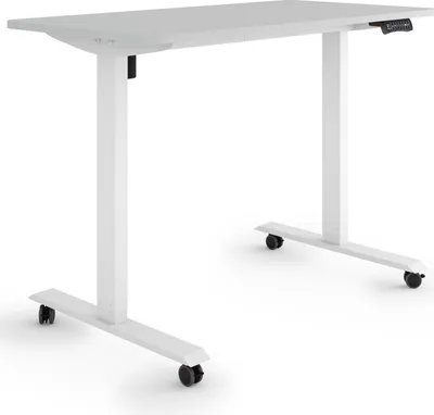 A white, adjustable standing desk with wheels is shown against a white background.