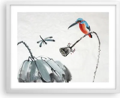 Produktbild von Gerahmtes Poster - Weißer Rahmen - Libelle Vogel Blume - 50x40 cm - Wand Bild - Wanddeko - Wandbilder - Kunstposter - Wandposter - Bilderrahmen - Bilder - Kunstdruck - Wandbild - P2WAA50x40-4361