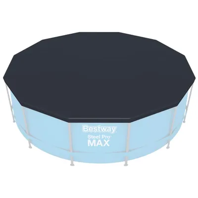 A blue above-ground swimming pool with a black cover.