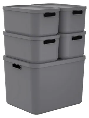 Produktbild von Rotho Aufbewahrungsboxen Set 5tlg. ALBULA light – Kunststoffbox mit Deckel – stapelbar & sicher – 48,9x40,7x71,4 cm – Plastikboxen für Aufbewahrung