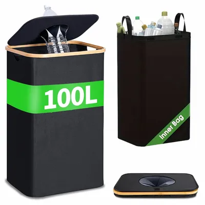 Zdjęcie produktu dla Przechowywanie butelek 100L z pokrywą, w tym 1 wielokrotnie używane wewnętrzne torebki, do kuchni/biura/na zewnątrz, duży pojemnik