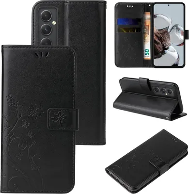 Multiple views of a black flip phone case with floral and butterfly embossing.