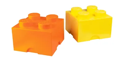 Two stackable LEGO storage boxes, one orange and one yellow, are shown against a white background.