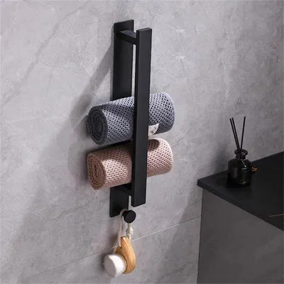 Obrázok produktu pre Samolepiaci držiak na uteráky do kúpeľne, držiak na uteráky bez vŕtania, držiak na uteráky pre hostí, 40 cm, držiak na uteráky z nehrdzavejúcej ocele, čierny držiak na uteráky s háčikom