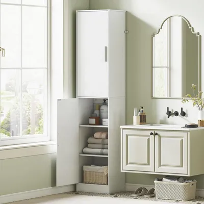 Image de Armoire de salle de bain – Meuble de rangement – Armoire de salle de bain – Hauteur : 180 cm – 4 étagères réglables – Blanc