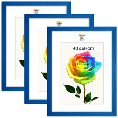 Produktbild von MG Design 3er Set Bilderrahmen 40 x 50 cm - Posterrahmen mit Blau Echtholzrahmen und bruchsicherem Acrylglas, Hoch & Quer mit stabiler Wandaufhängung
